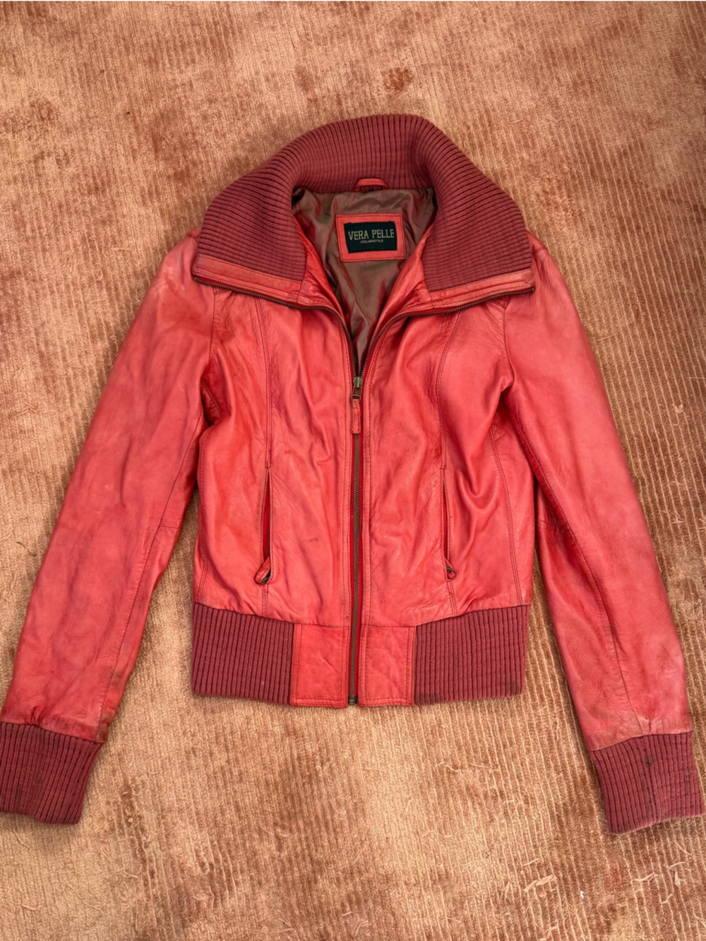 Vintage Vera Pelle Coral-Red Leather Bomber Jacket
